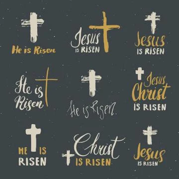 He is risen, lettering set religious signs with crucifix symbols. Hand drawn  Stock Photos