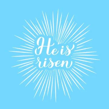 He is risen modern calligraphy hand lettering with rays on blue background. C Illustrazione stock