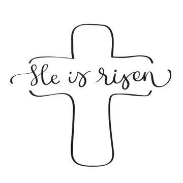 He is Risen text with cross on white background. Calligraphy lettering Vector Stock Illustration