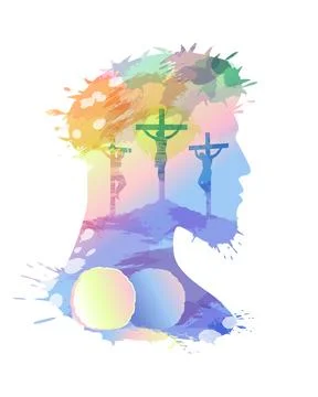 He is risen, tomb and three crosses on the portrait of Jesus Christ Illustrazione stock