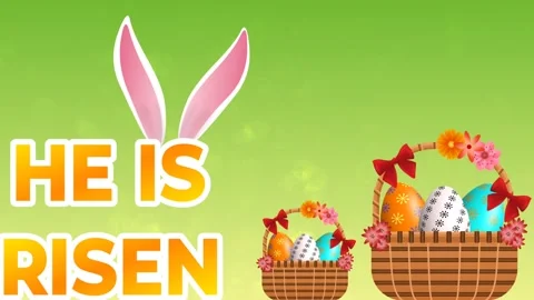 He is risen word on green blur background and decorated Easter basket Stock Footage 234111631