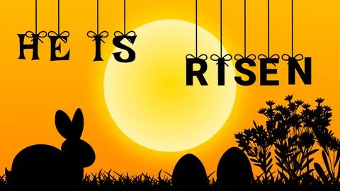 He is risen word hanging illustration with bunny, grass and eggs at sunrise.. Illustrazione stock