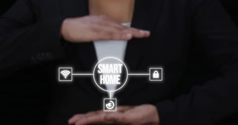 He Smart House is assembled, IoT home control icon businesswoman Stock-Footage 170539508