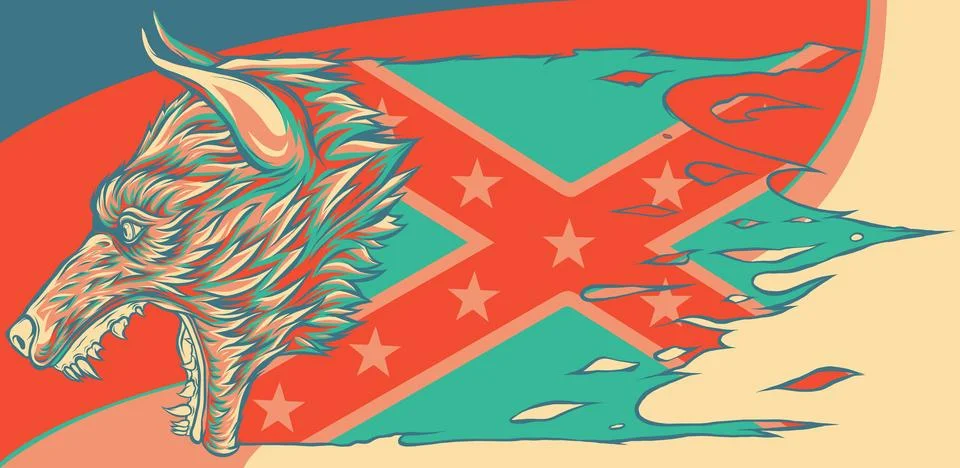 Head of Aggressive Wolf woth confederate flag Stock Illustration