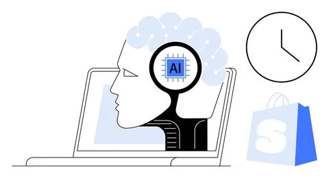 Head with AI chip inside, placed within laptop, clock and shopping bag around Stock Illustration