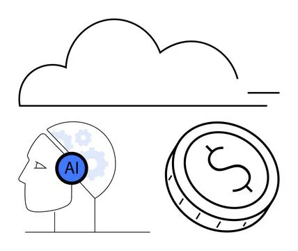 Head with AI, cloud, and coin highlight AI and cloud computings role in fin.. イラスト素材