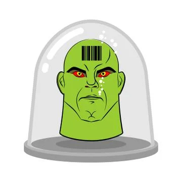 Head of alien in glass jar for experiments. Green humanoid with red eyes. Res Stock Illustration