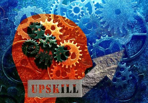 Head and gears with Upskill text Stock Photos