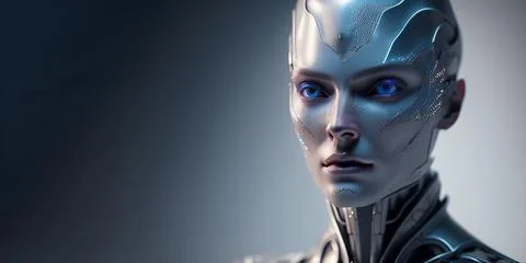 Head of anthropomorphic cyborg robot AI. portrait of artificial intelligenc.. Illustrazione stock