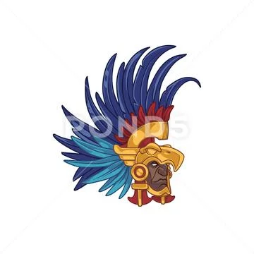 Head of an aztec elite warrior wearing a helmet in form of an eagle, with Stock Illustration