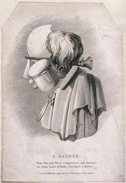 A head of a barber made up of the tools of his trade. Engraving. Stock Illustration