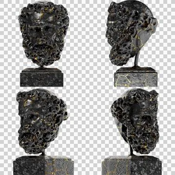 Head of a Bearded Man A captivating black marble statue with golden accents f Stock Illustration
