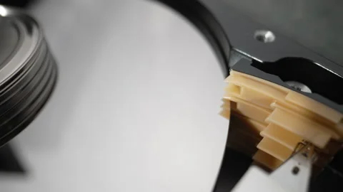 Head block disassembled hard drive Close-up Slow motion Stock-Footage 201306228