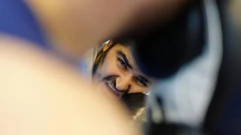The head of boxer with black beard from side of his partner 스톡 사진