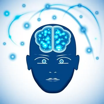 Head, Brain with glowing with dots thoughts. Stock Illustration