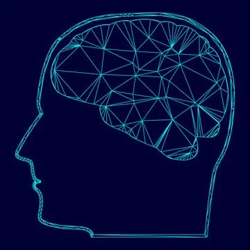 Head with brain low poly triangulation triangulated polygonal electric cyan b Stock Illustration