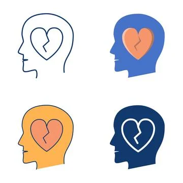 Head with broken heart flat and line icon set Illustrazione stock