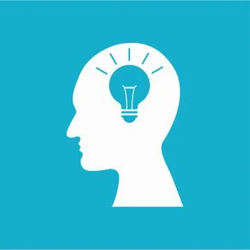 Head with bulb icon on the blue background. Big idea and think design.  flat  Stock Illustration