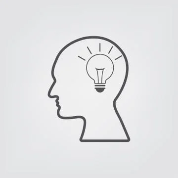 Head with bulb icon on the white background. Line icon - Idea concept. Big id Stock Illustration