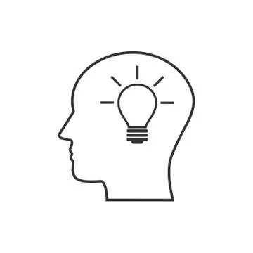 Head, bulb, idea icon. Vector illustration, flat design. Illustrazione stock