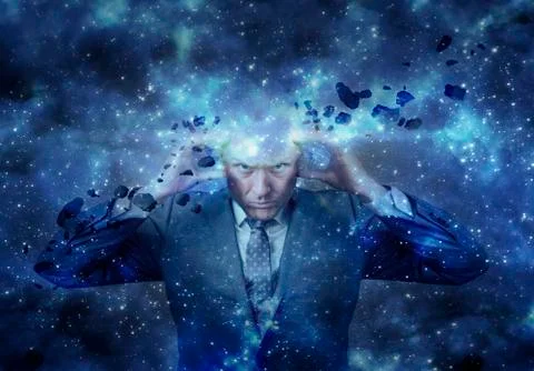 Head of businessman exploding in outer space Stock Photos