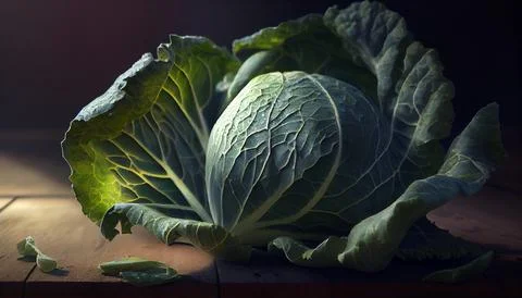 A head of cabbage lies on the table under the bright rays of the sun. Stock Photos