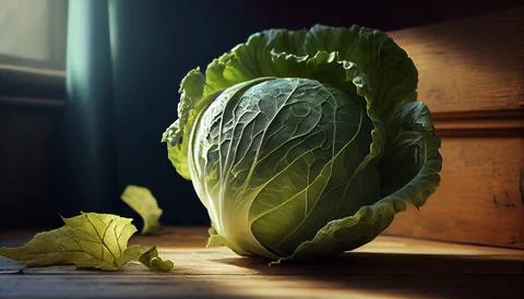 A head of cabbage lies on the table under the bright rays of the sun. Stock Photos