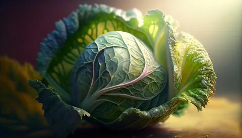 A head of cabbage lies on the table under the bright rays of the sun. Stock Photos