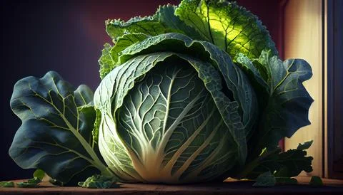 A head of cabbage lies on the table under the bright rays of the sun. Stock Photos
