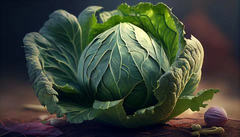 A head of cabbage lies on the table under the bright rays of the sun. Foto stock