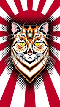 Head Cat on background of the rising sun. Illustration