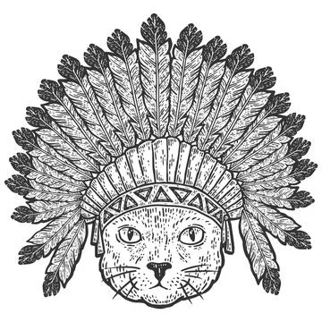 Head of cat with feathers, war bonnets. Engraving vector illustration. Stock Illustration
