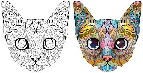 Head of cat zentangle styled with clean lines for coloring book for anti stre Illustrazione stock