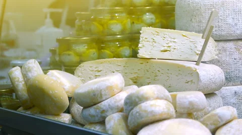 Head cheese camembert, brie in cold storage Store Stock Footage 68299574
