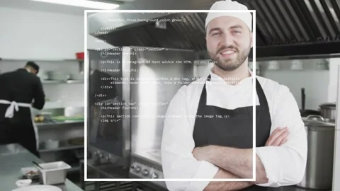 Head chef standing arms crossed, white box appearing and scrolling code overlay Stock Footage 333318030