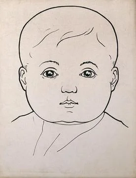 Head of a child with large cheeks. Drawing, c. 1900. Stock Illustration
