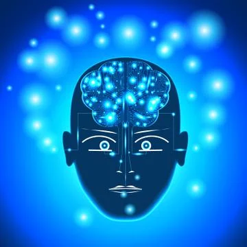 Head, circuit board in form of brain with glowing with dots thoughts 스톡 일러스트