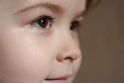 Head close up. Closeup head shot of child. Kids face, little boy profile Stock Photos