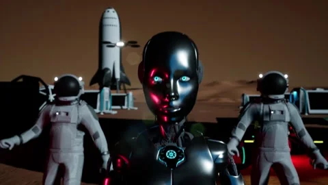 Head closeup of walking Ai robot with two astronauts on mars colonization. Video stock 293747395