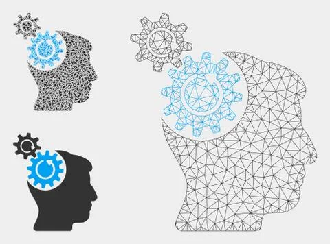 Head Cogs Rotation Vector Mesh 2D Model and Triangle Mosaic Icon Stock Illustration