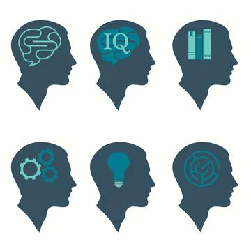 Head concept, with brain, bulb, book, labyrinth and gear icon Stock Illustration