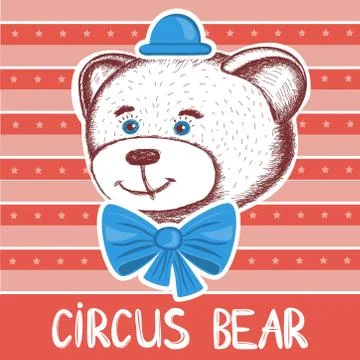 The head of a cute bear in a hat, and with a bow on the neck. Circus. sketch Stock Illustration