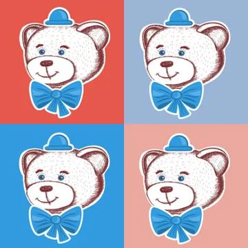 The head of a cute Teddy bear on an orange and blue background. pop art.Sketch Illustrazione stock