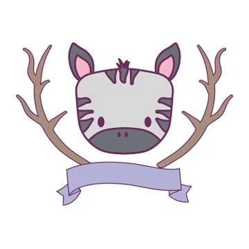 Head of cute zebra with tree branches and ribbon Stock Illustration