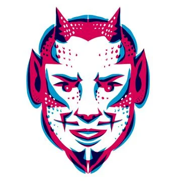 Head of Demon or Devil Front View Retro Risograph Style. Stock Illustration