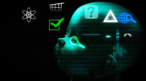 Head with different thoughts, signs and numbers on it Stock Photos