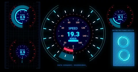 Head up display of  futuristic car interface with speed,distance indicators Stock Footage 79127613