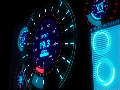 Head up display of  futuristic car interface with speed,distance indicators Stock Footage 79128199