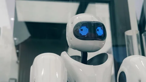 Head of a droid in a coffee shop rolling its eyes. Innovation, modern technology Video stock 138789628