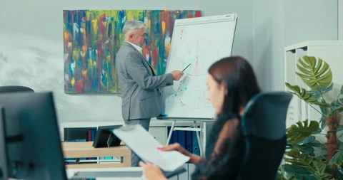 Head of elderly corporation stands at chart in middle of company's office Stock Footage 164890711